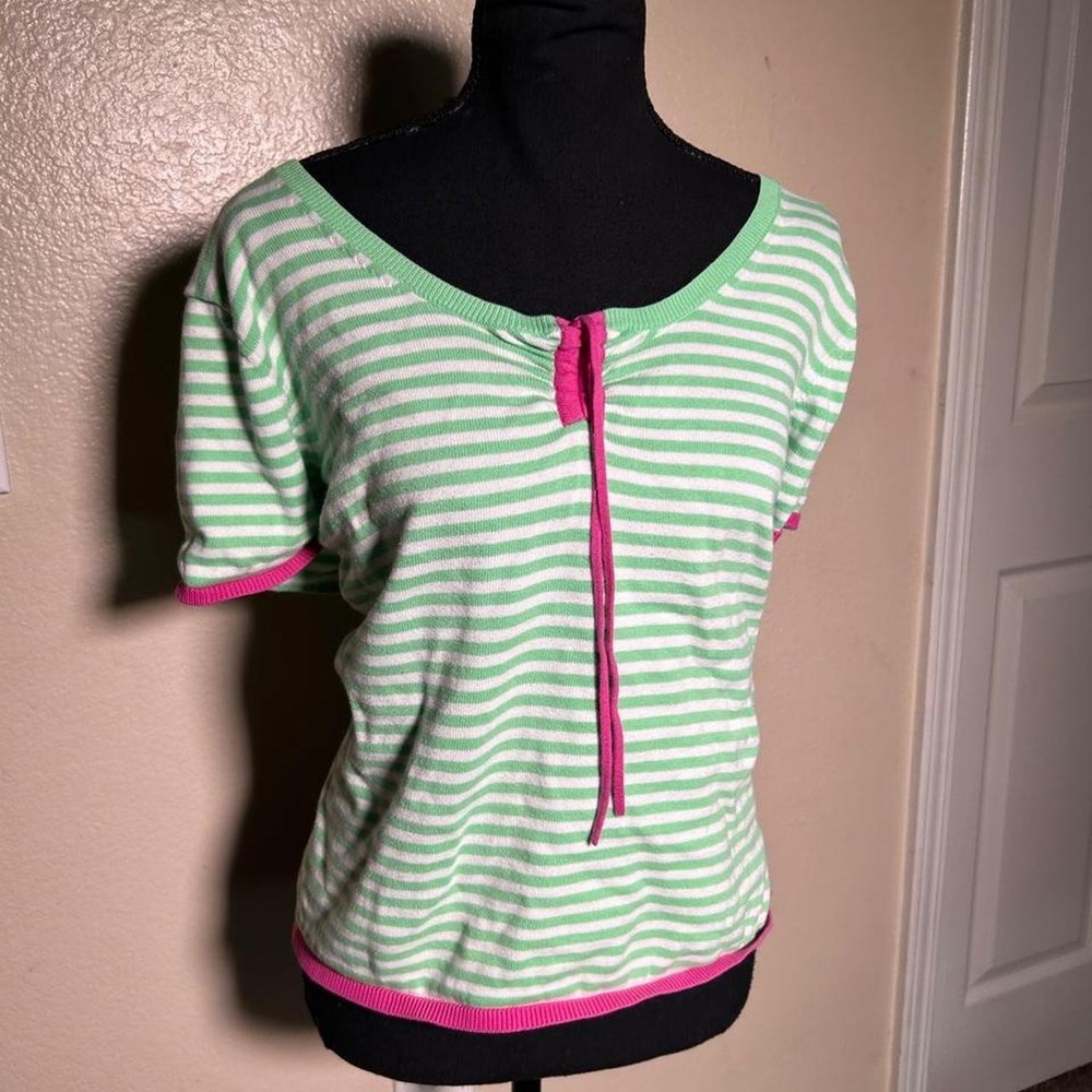 Izod Women Green Pink Striped Tie Front Baby Tee Y2K 2XL